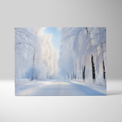 Winter canvas art featuring a snow-covered road framed by tall, frosted trees under a bright, pale blue sky.