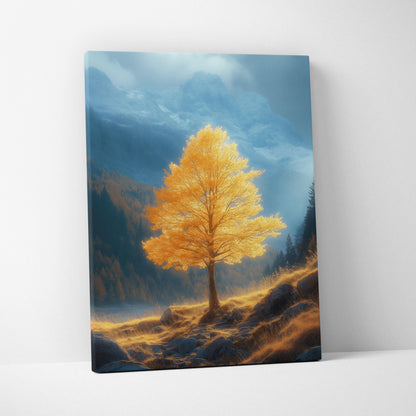 Canvas wall art featuring vibrant golden autumn tree with misty mountain background.