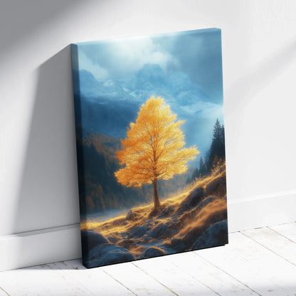 Canvas wall art featuring a glowing golden autumn tree against a misty mountain background.