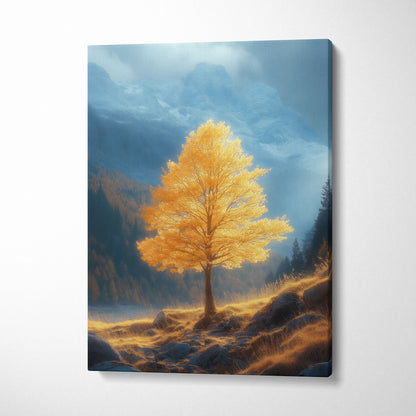 Canvas wall art featuring a vibrant golden autumn tree against a misty mountain backdrop.