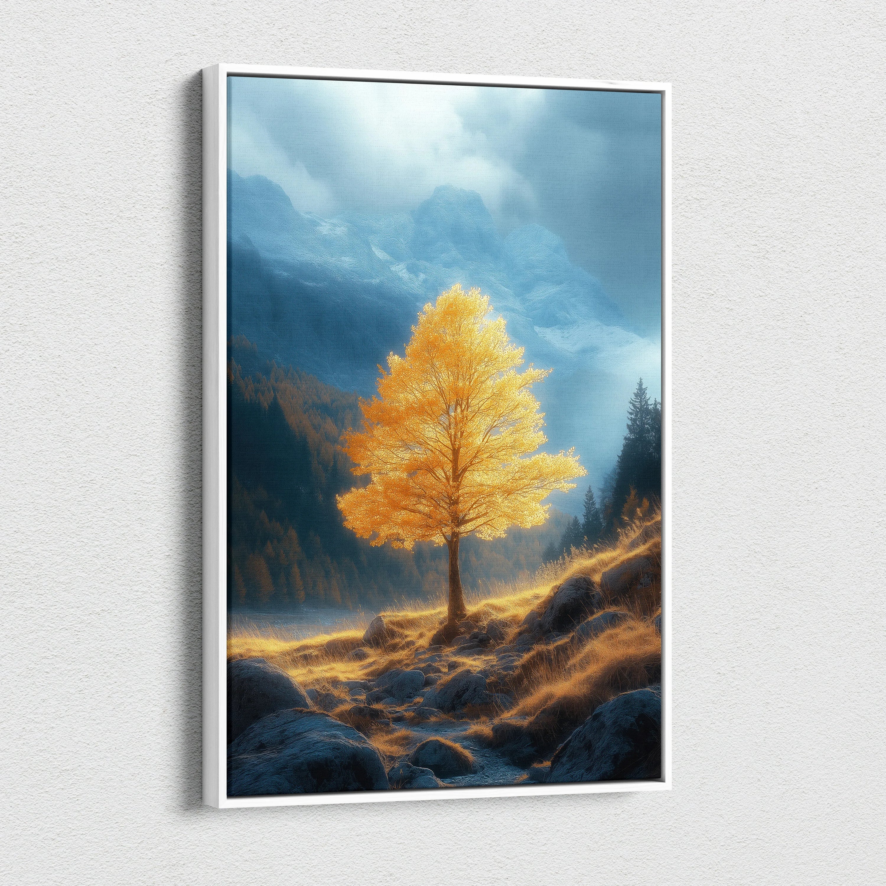 Canvas wall art featuring a vibrant golden autumn tree with mountainous background and dramatic sky.