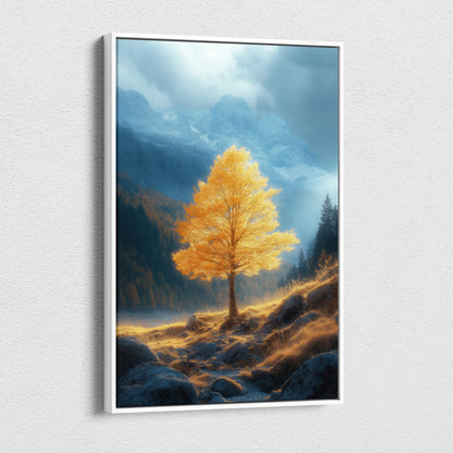 Canvas wall art featuring a vibrant golden autumn tree with mountainous background and dramatic sky.