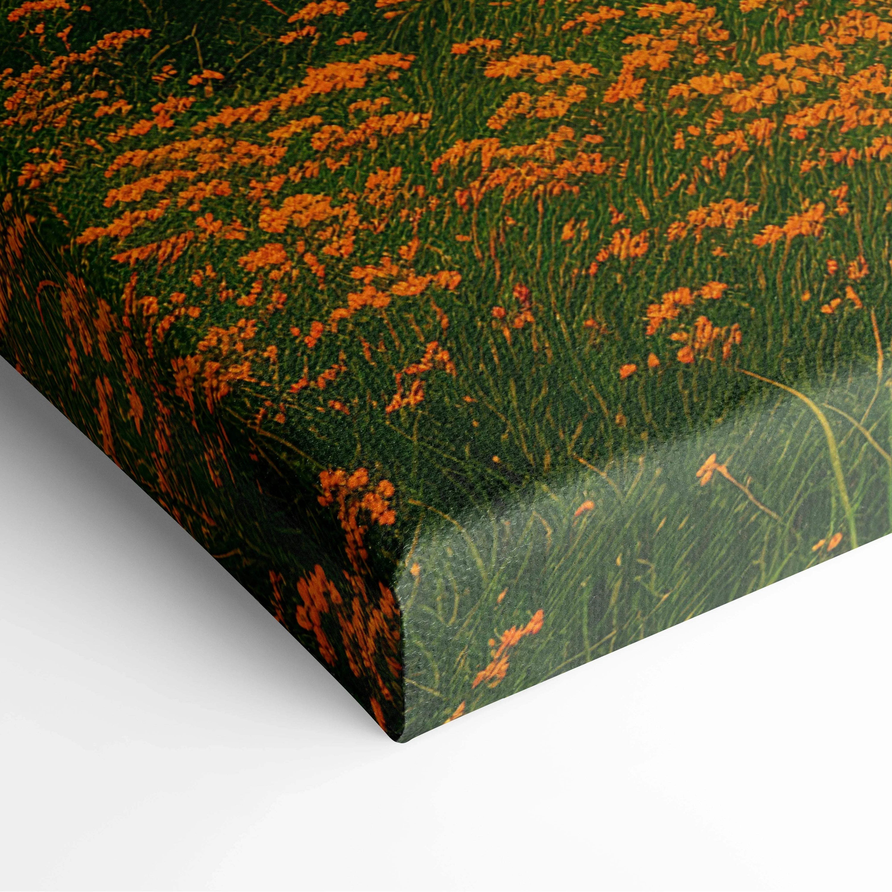 Canvas print of sunrise over emerald hills with orange wildflowers