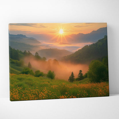 Canvas print of sunrise over emerald hills with wildflowers