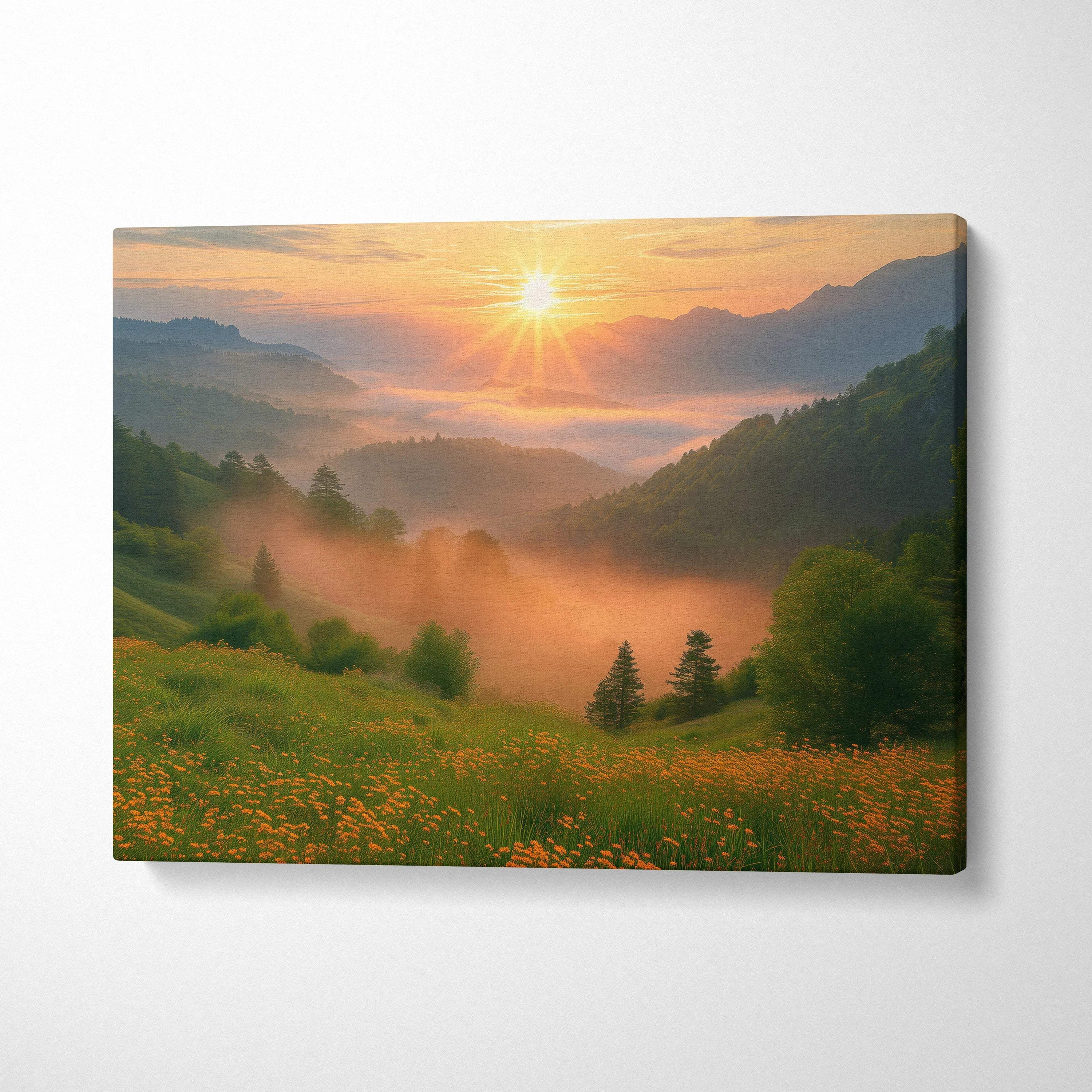 Canvas wall art of sunrise over emerald hills with wildflowers