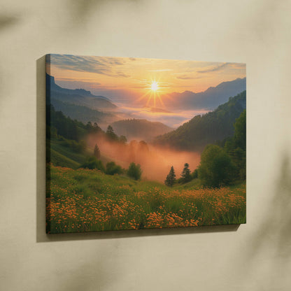 Canvas print of sunrise over emerald hills with wildflowers