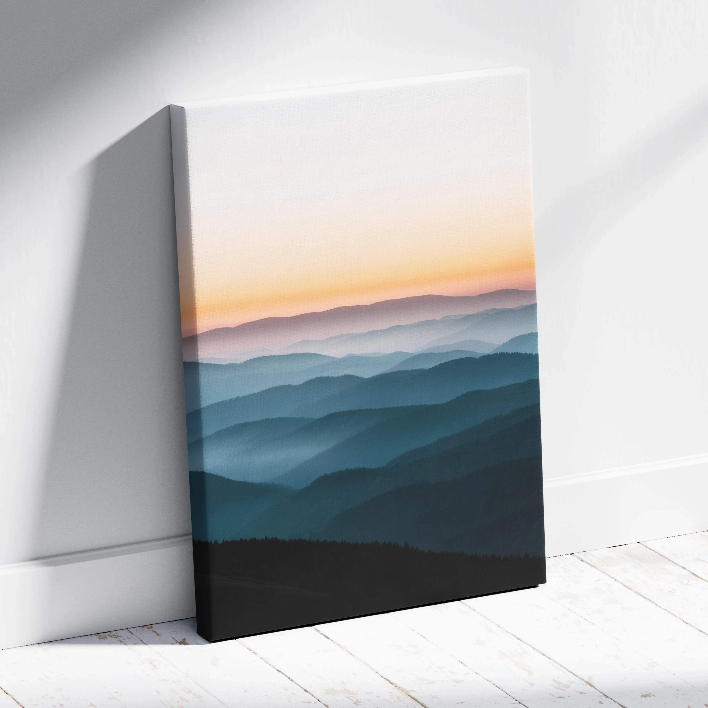 Canvas wall art of soft gradient mountain ridge at sunset in calm peach blues