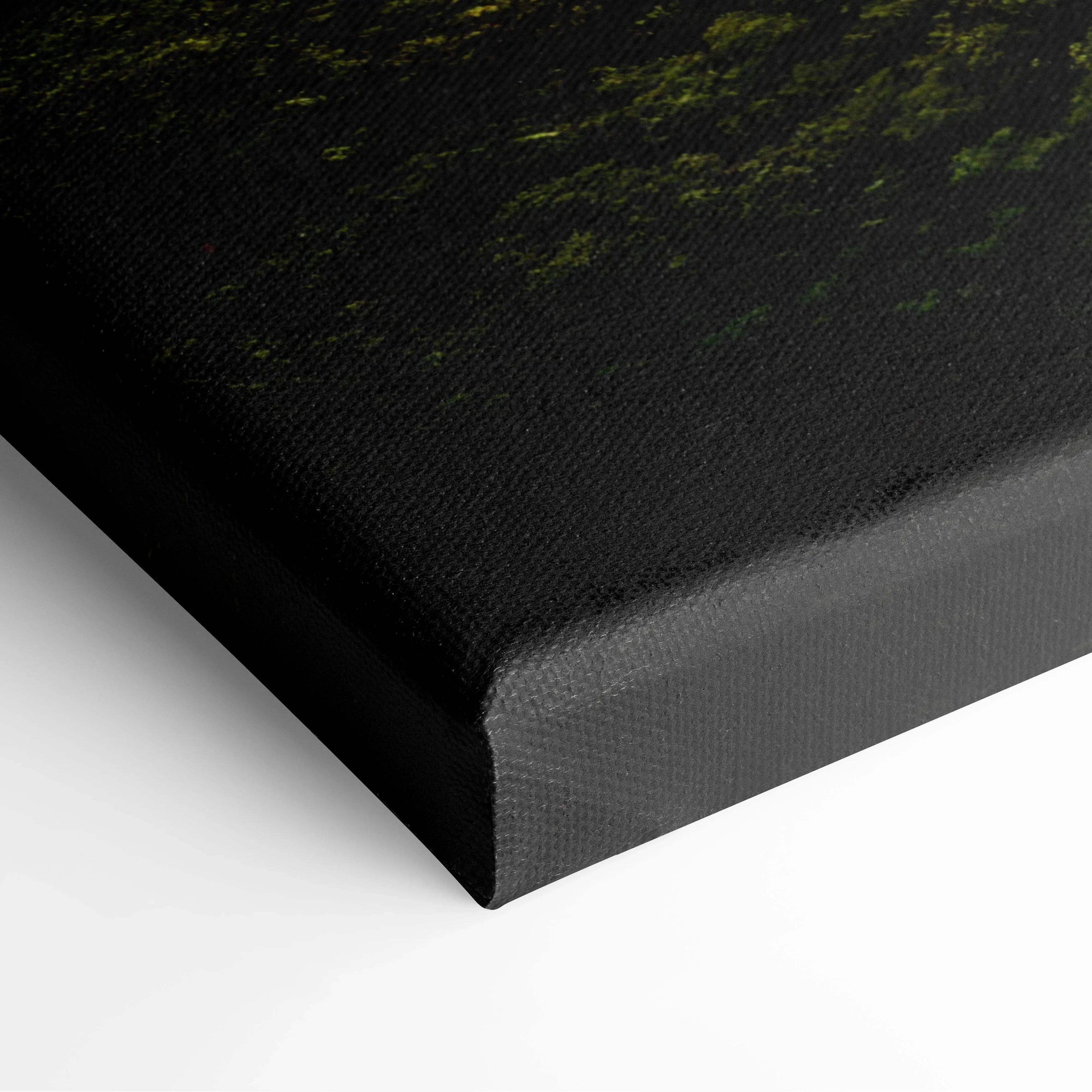 Black-wrapped digital canvas print with subtle green and yellow architectural design details on textured surface.