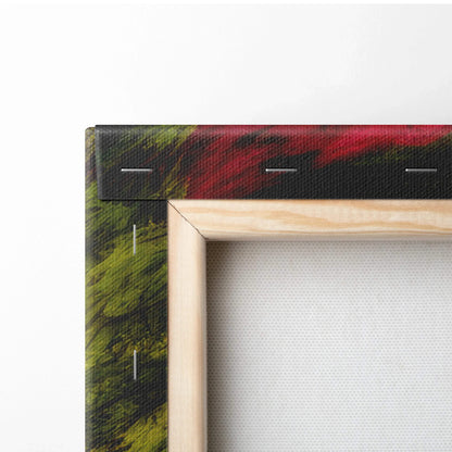 Corner of stretched canvas wall art showing wooden frame and vibrant abstract colors.