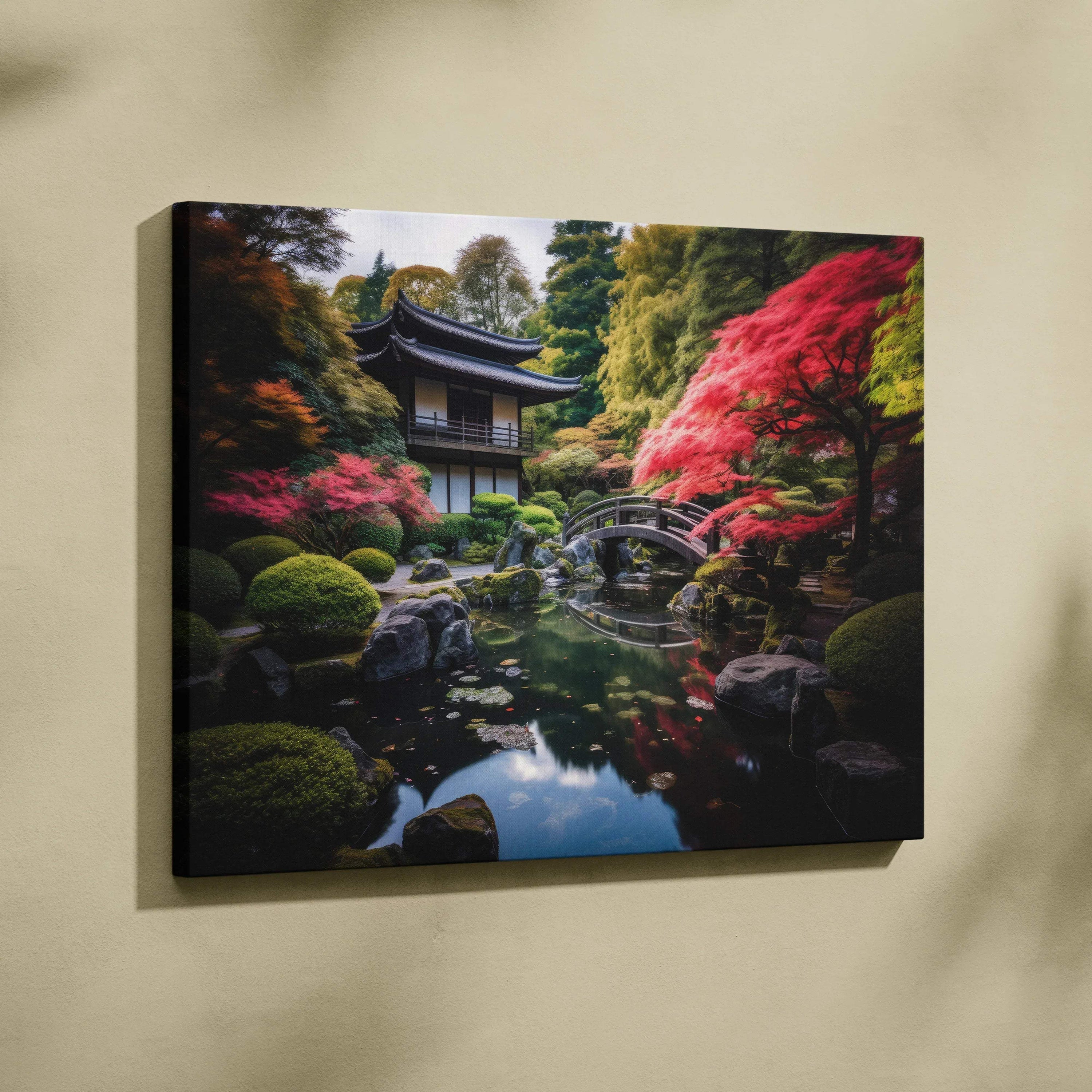 Stunning canvas art featuring traditional Japanese architecture with vibrant autumn foliage and a reflective pond wall art.