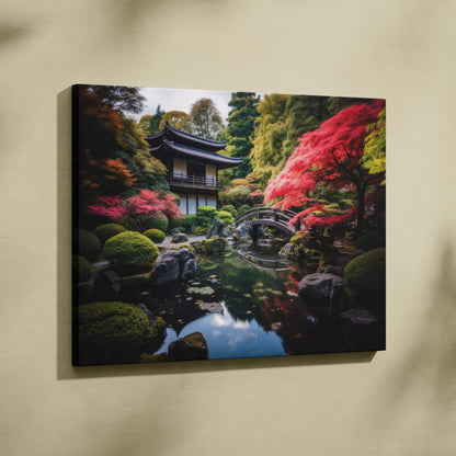 Stunning canvas art featuring traditional Japanese architecture with vibrant autumn foliage and a reflective pond wall art.
