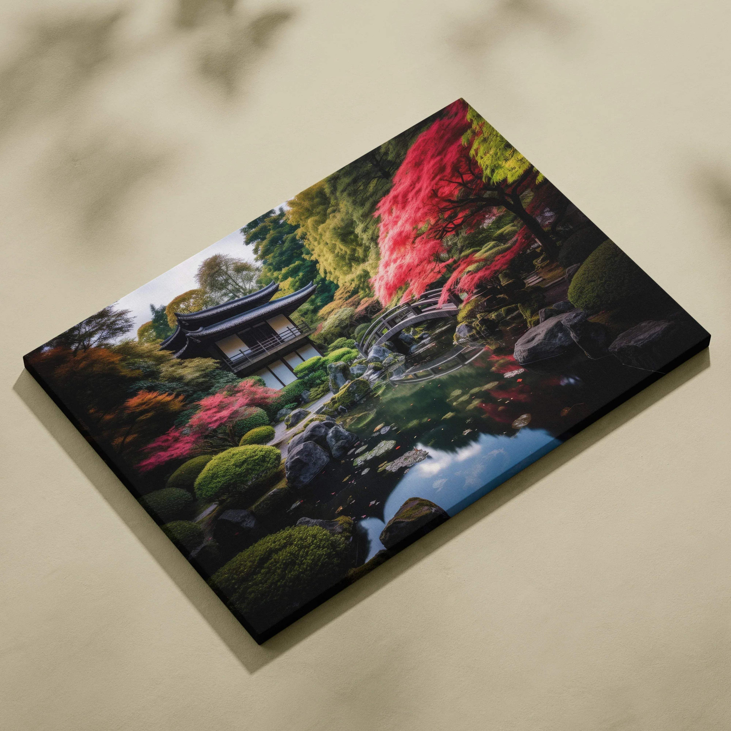 Colorful architectural digital canvas art depicting a serene Japanese garden with vibrant autumn foliage and a traditional.