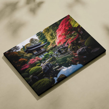 Colorful architectural digital canvas art depicting a serene Japanese garden with vibrant autumn foliage and a traditional.