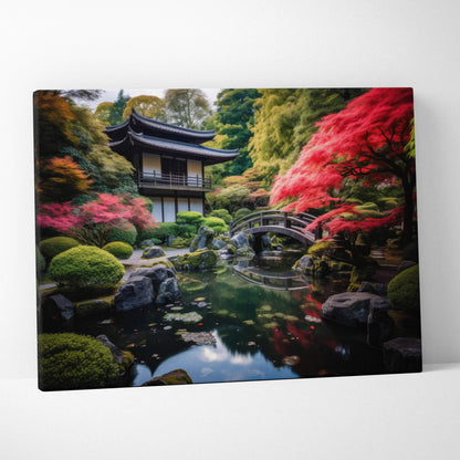 Digital canvas art of a serene Japanese garden with traditional building and colorful autumn trees wall art.