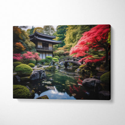 Canvas wall art featuring a serene Japanese garden with a wooden pavilion, arched bridge, and vibrant autumn foliage.