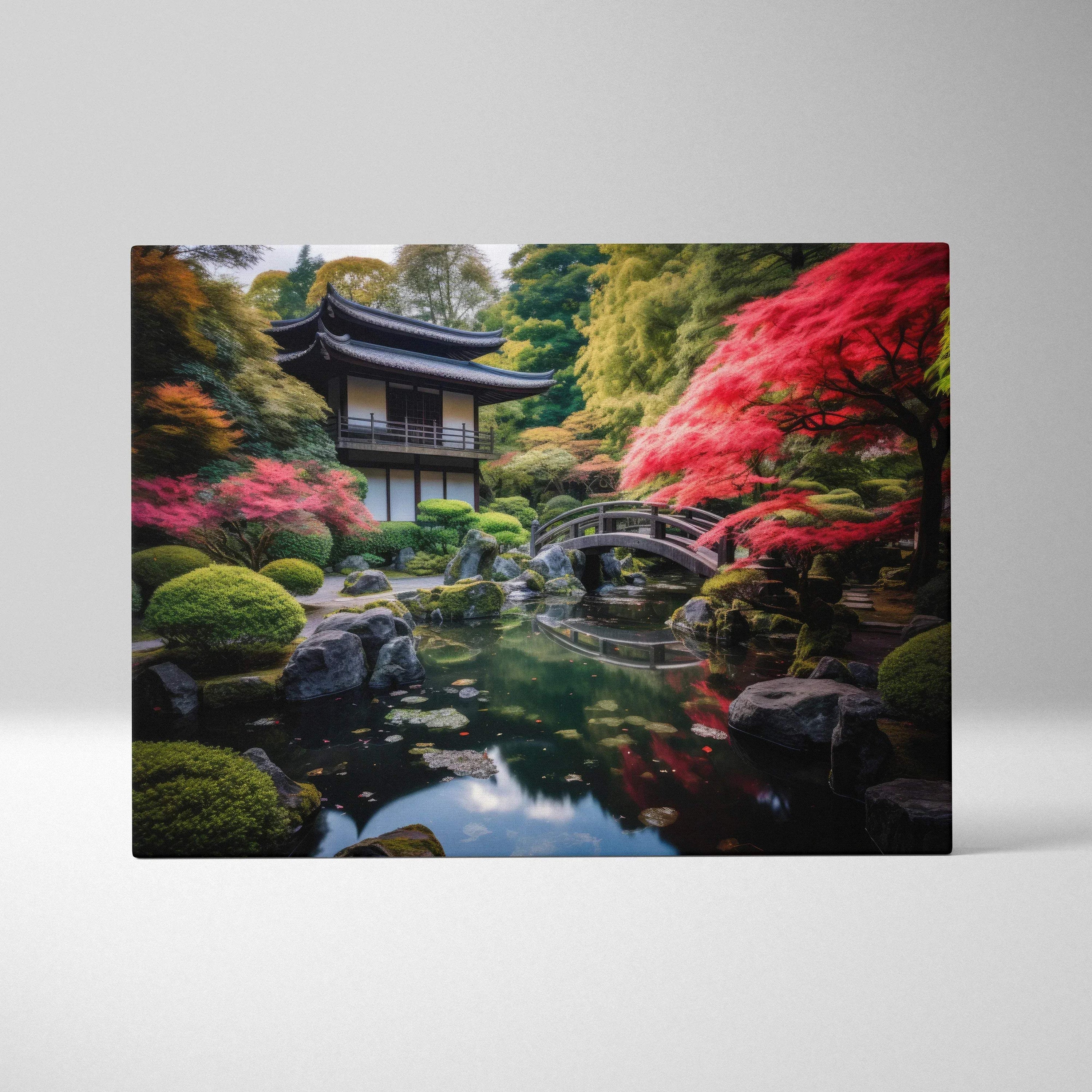 Digital canvas wall art featuring a serene Japanese garden with traditional wooden architecture, vibrant red and green.