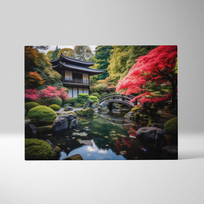 Digital canvas wall art featuring a serene Japanese garden with traditional wooden architecture, vibrant red and green.