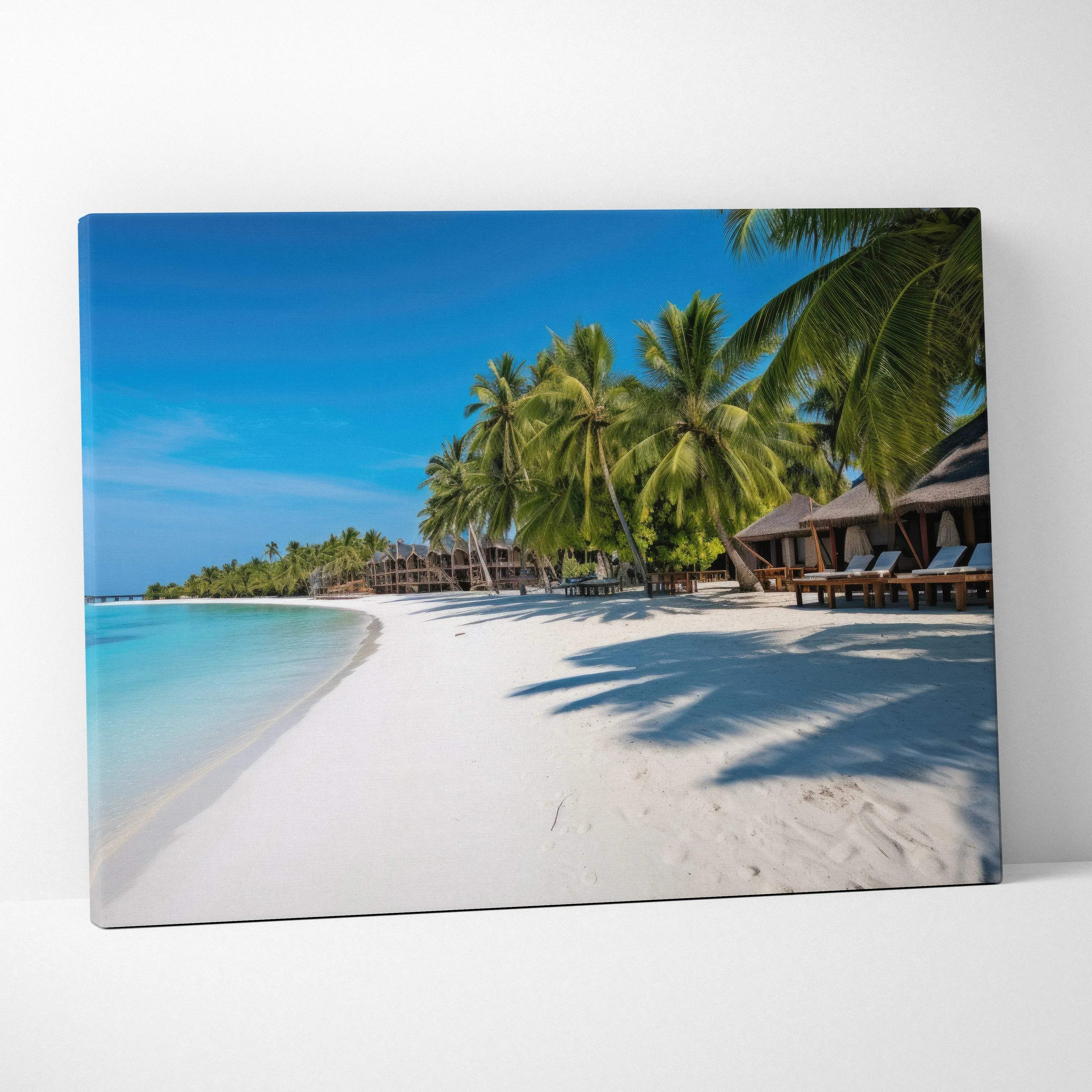 Canvas print of Maldives tropical beach with turquoise water, white sand, palm trees