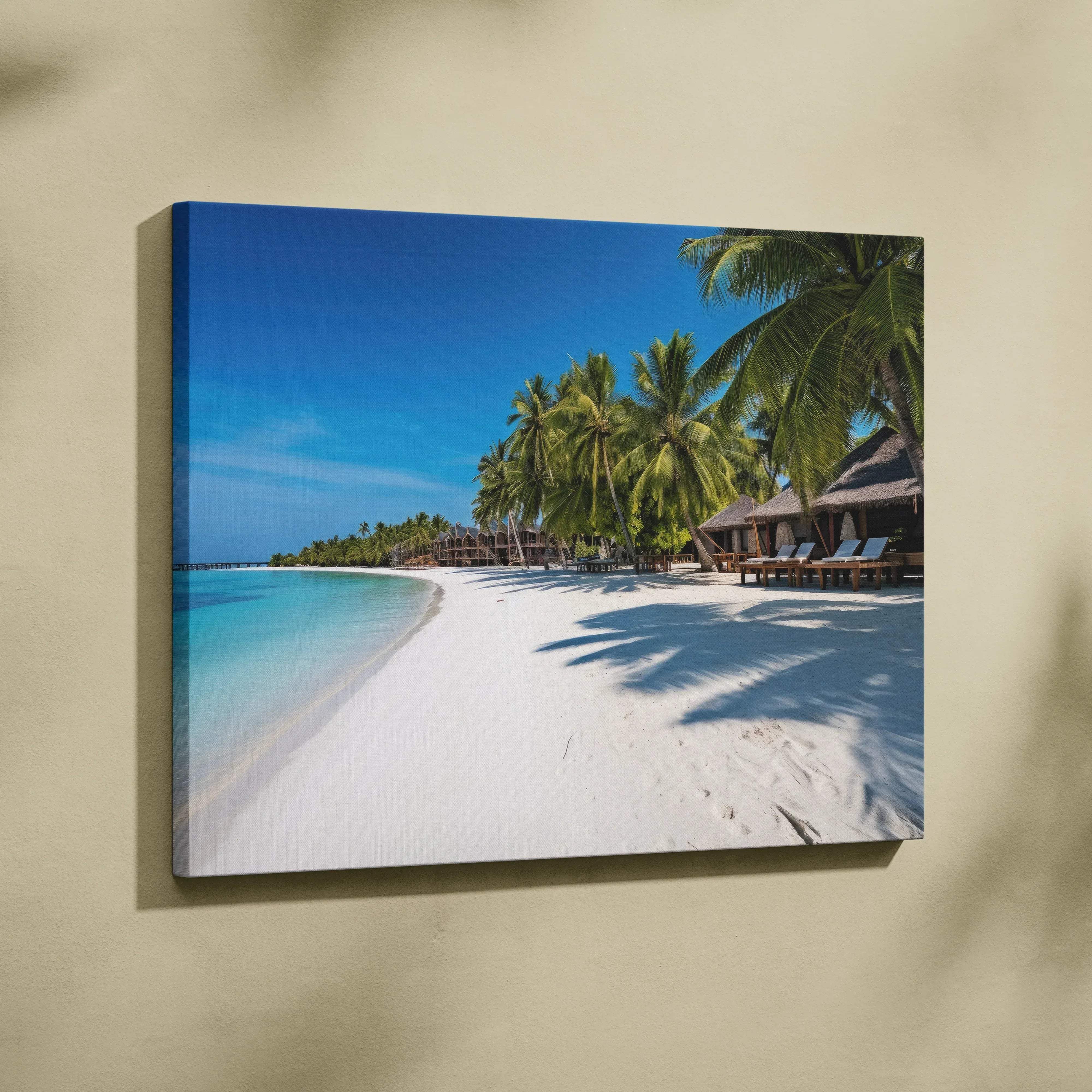 Canvas print of Maldives tropical beach with turquoise water, white sand, palm trees, tranquil blues