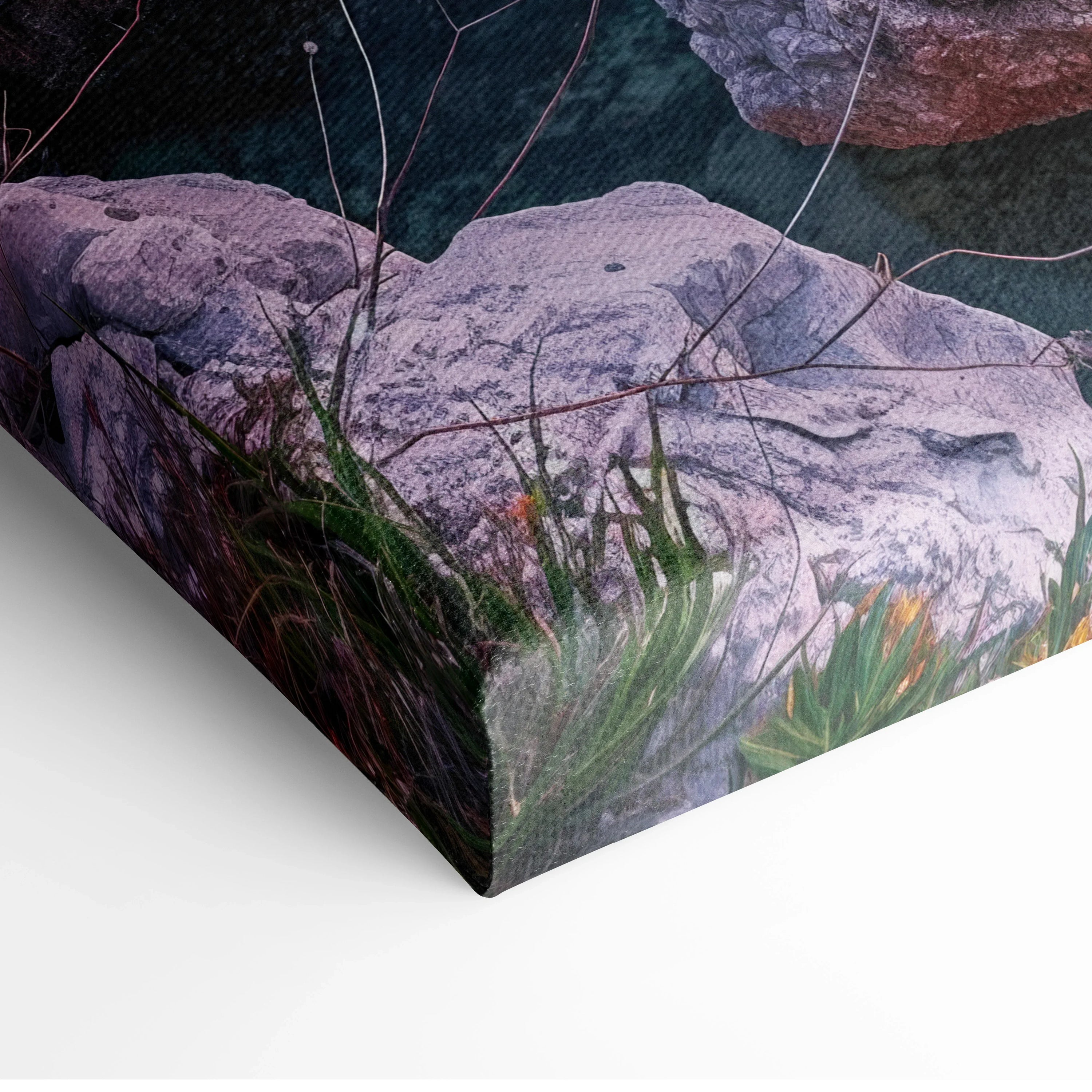 Canvas wall art featuring a detailed beach scene with rocks, grass, and subtle sunset hues.