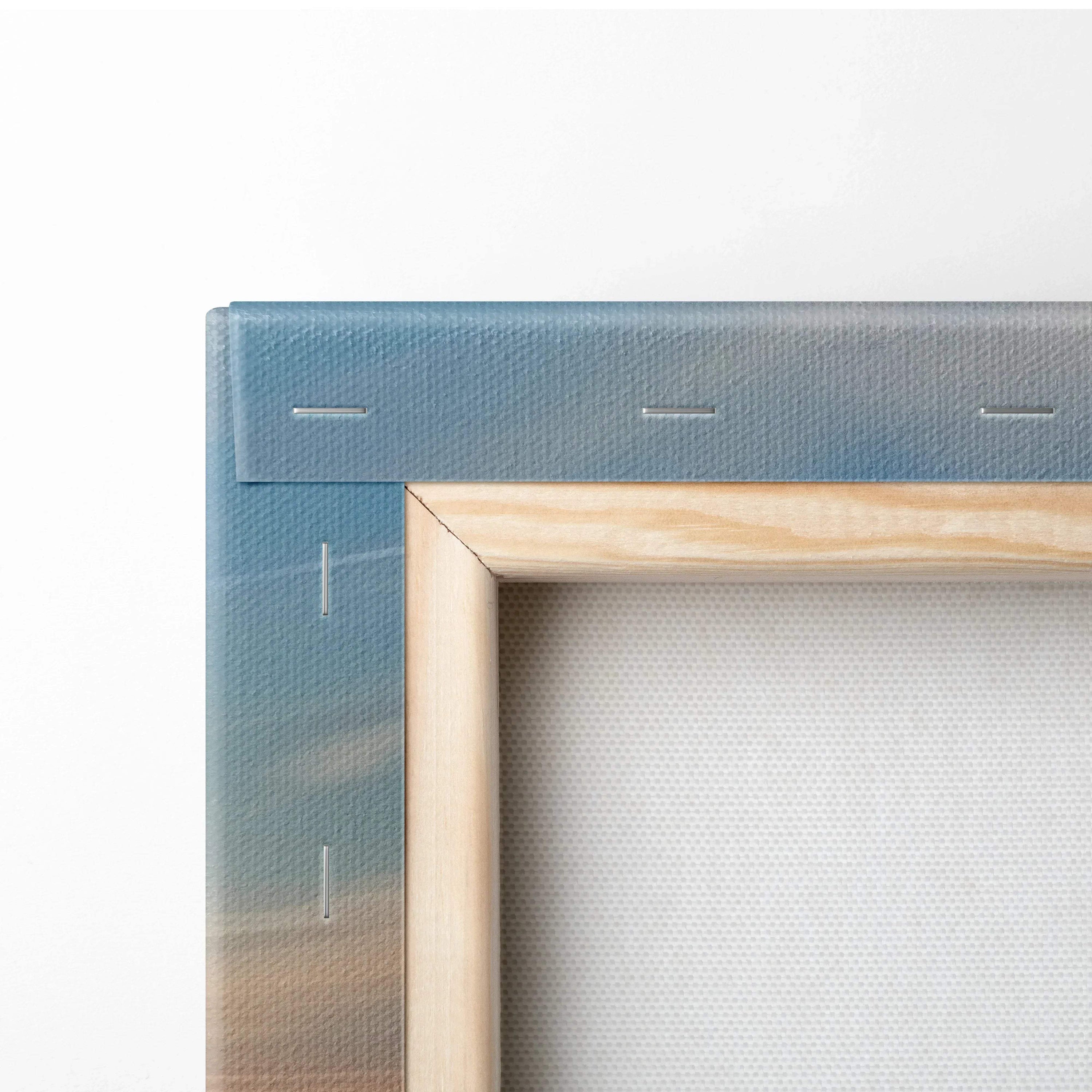 Minimalist teal to beige gradient canvas painting in light wood frame