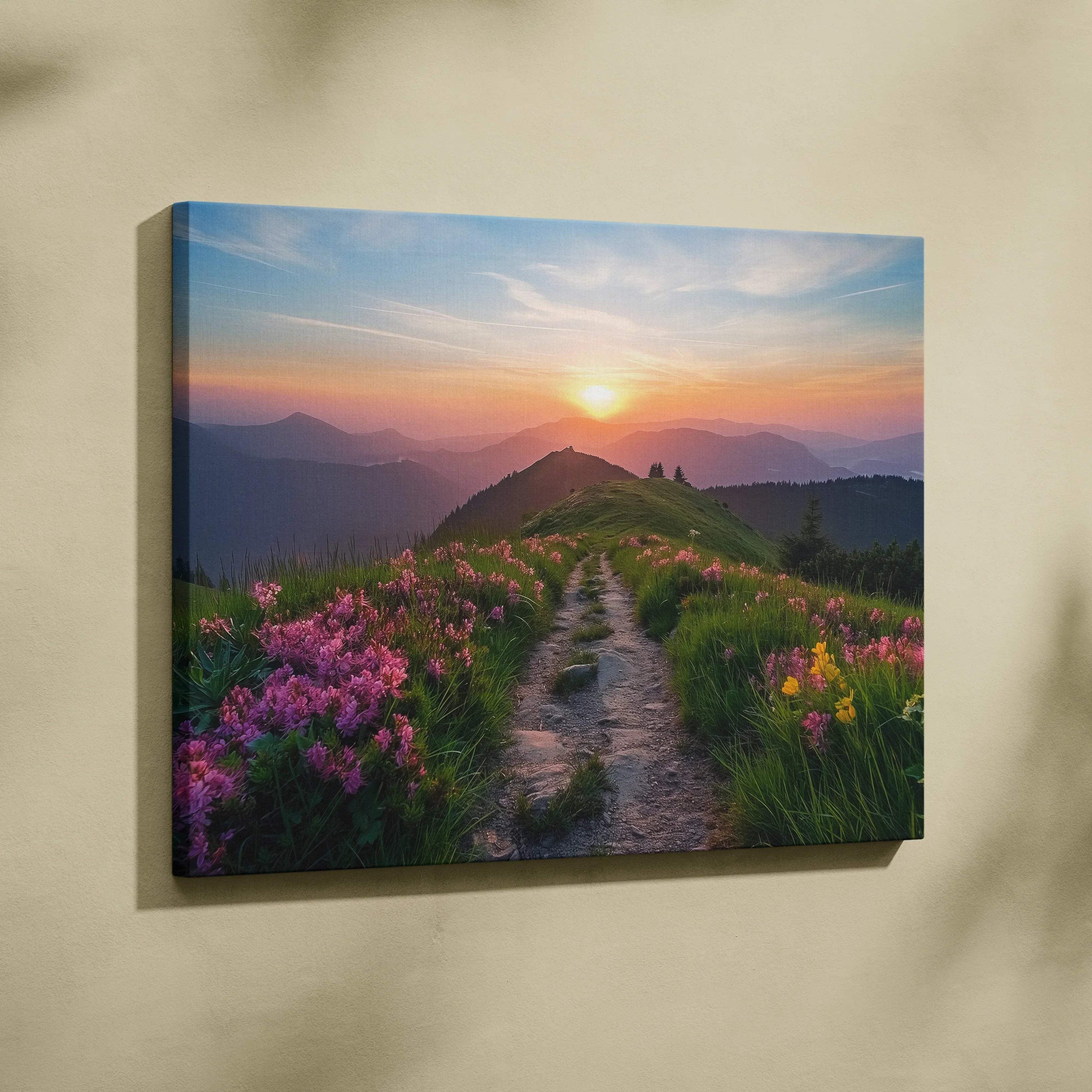 Canvas print of floral meadow sunset path in mountain landscape with warm pink orange hues