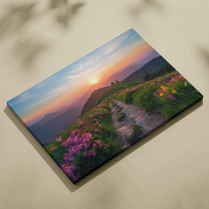 Canvas wall art of mountain trail at sunset with pink yellow wildflowers