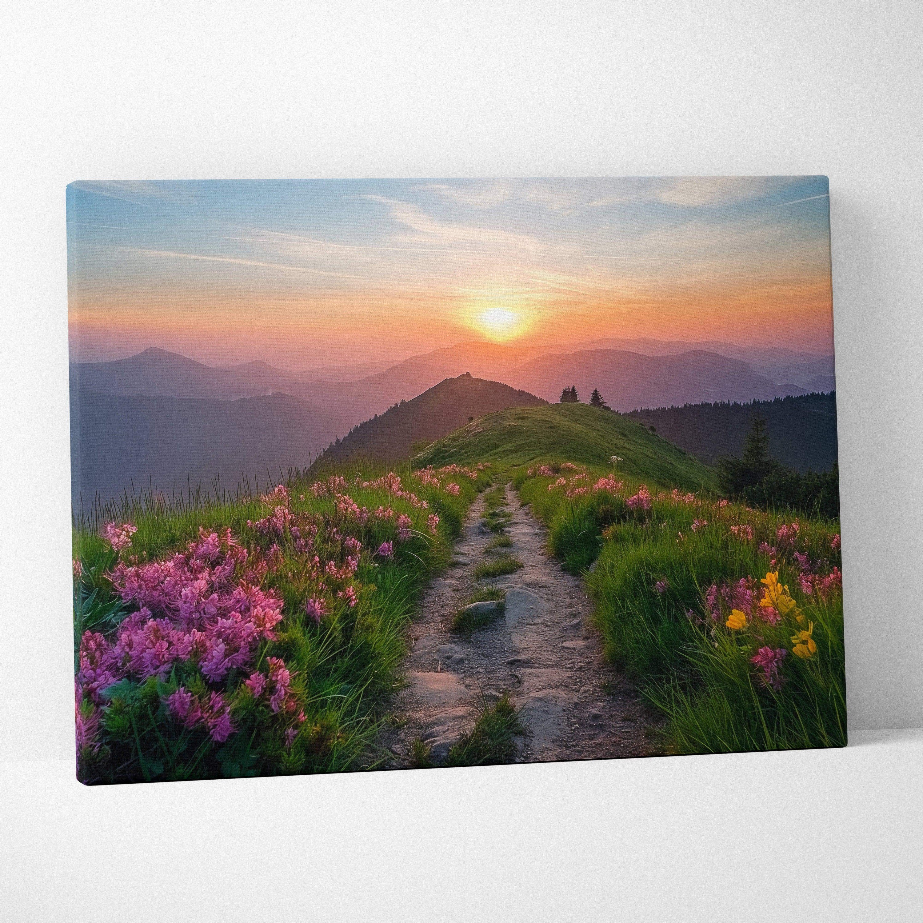 Canvas print of mountain trail at sunset with pink yellow wildflowers