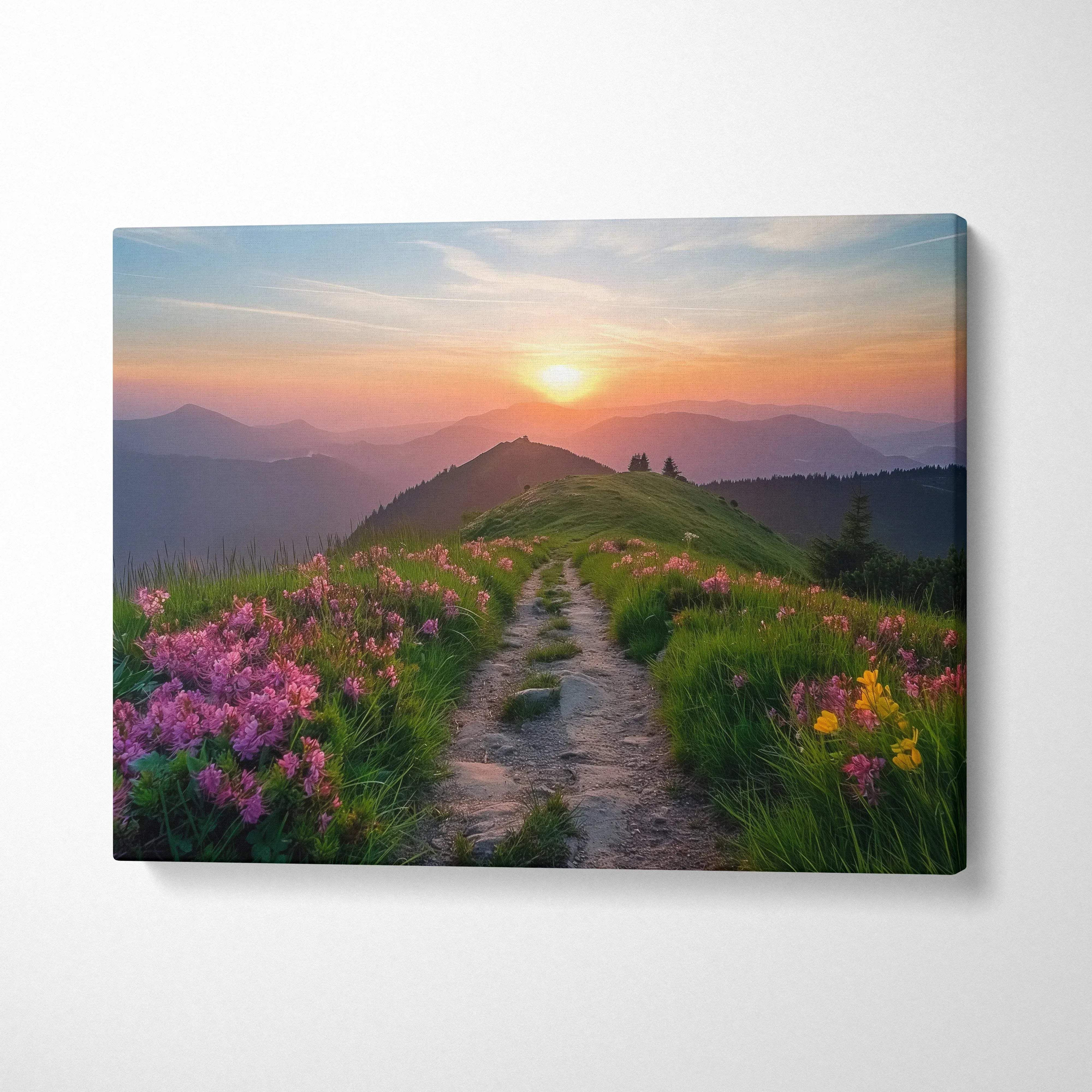 Canvas print of sunlit mountain trail in pink yellow wildflowers at sunset