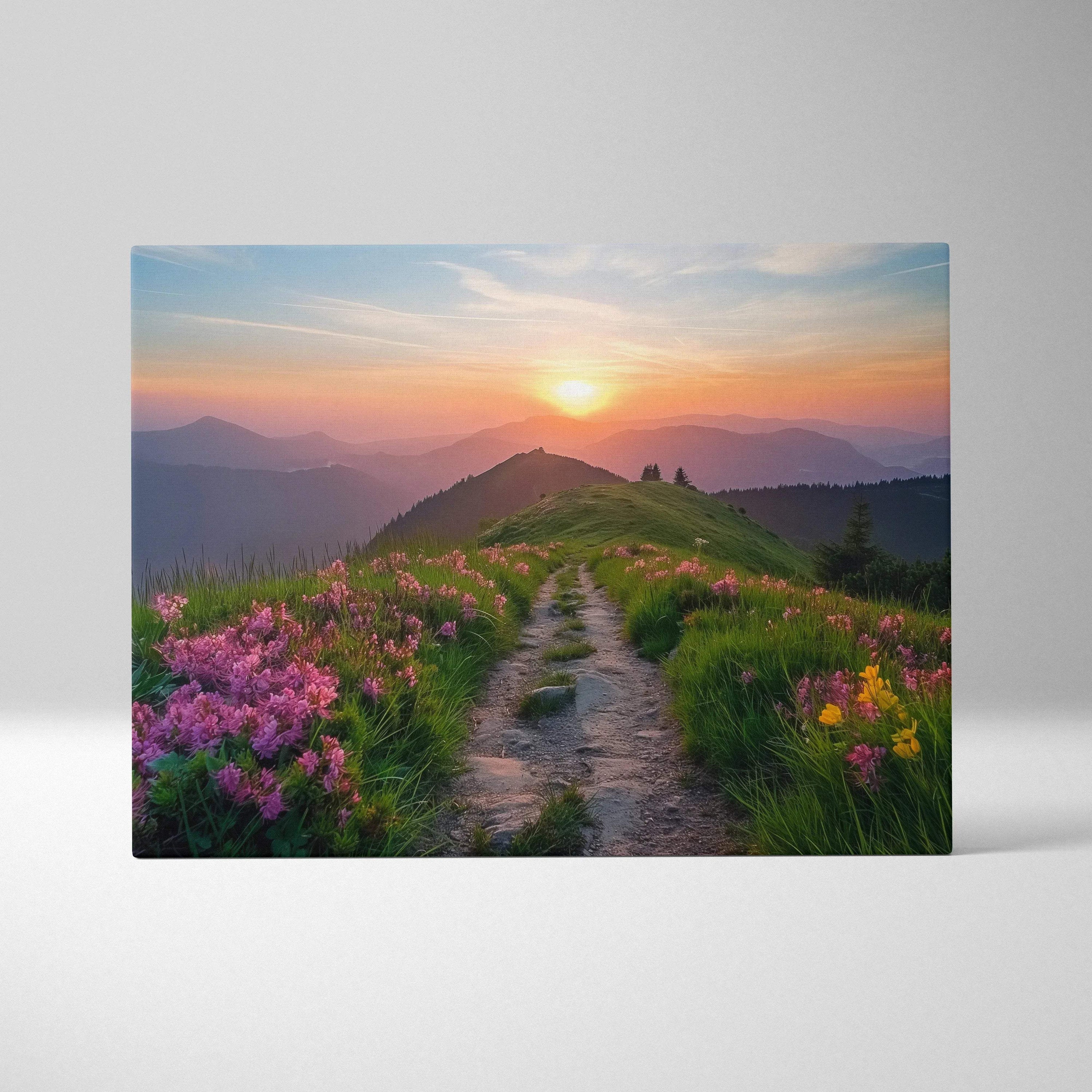 Canvas wall art of floral meadow sunset path in mountain landscape