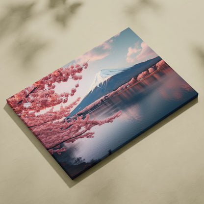 Canvas wall art featuring Mount Fuji with pink cherry blossoms in bloom against a blue sky backdrop.