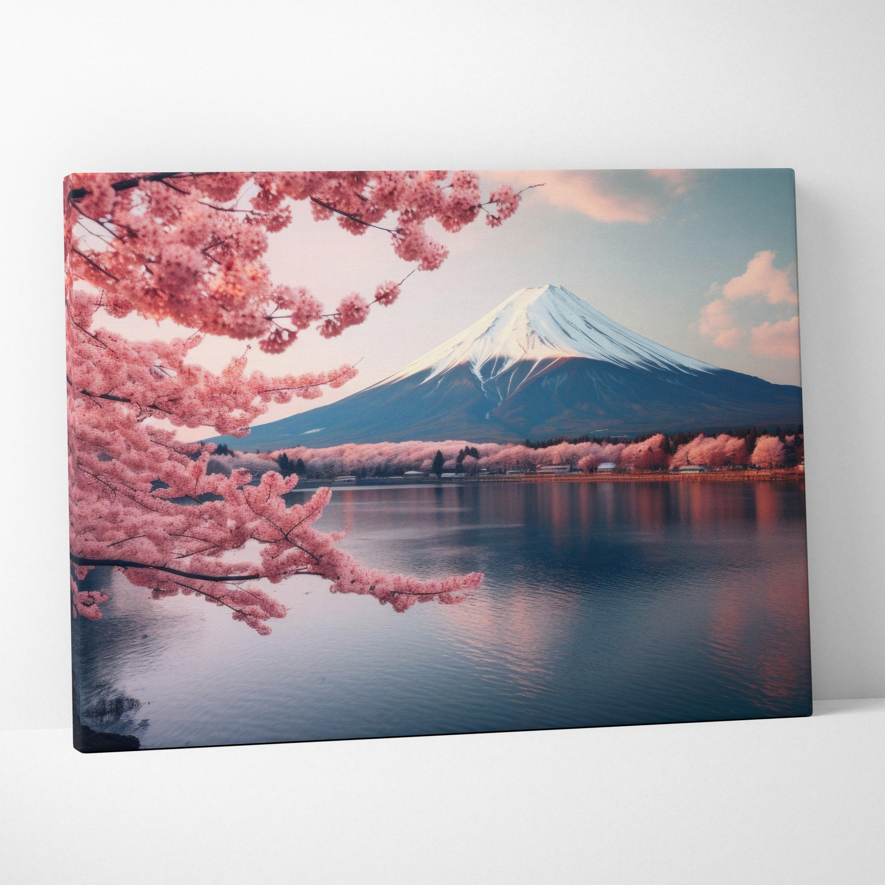 Canvas wall art featuring snow-capped Mount Fuji with vibrant pink cherry blossoms and a reflective lake under a soft blue.