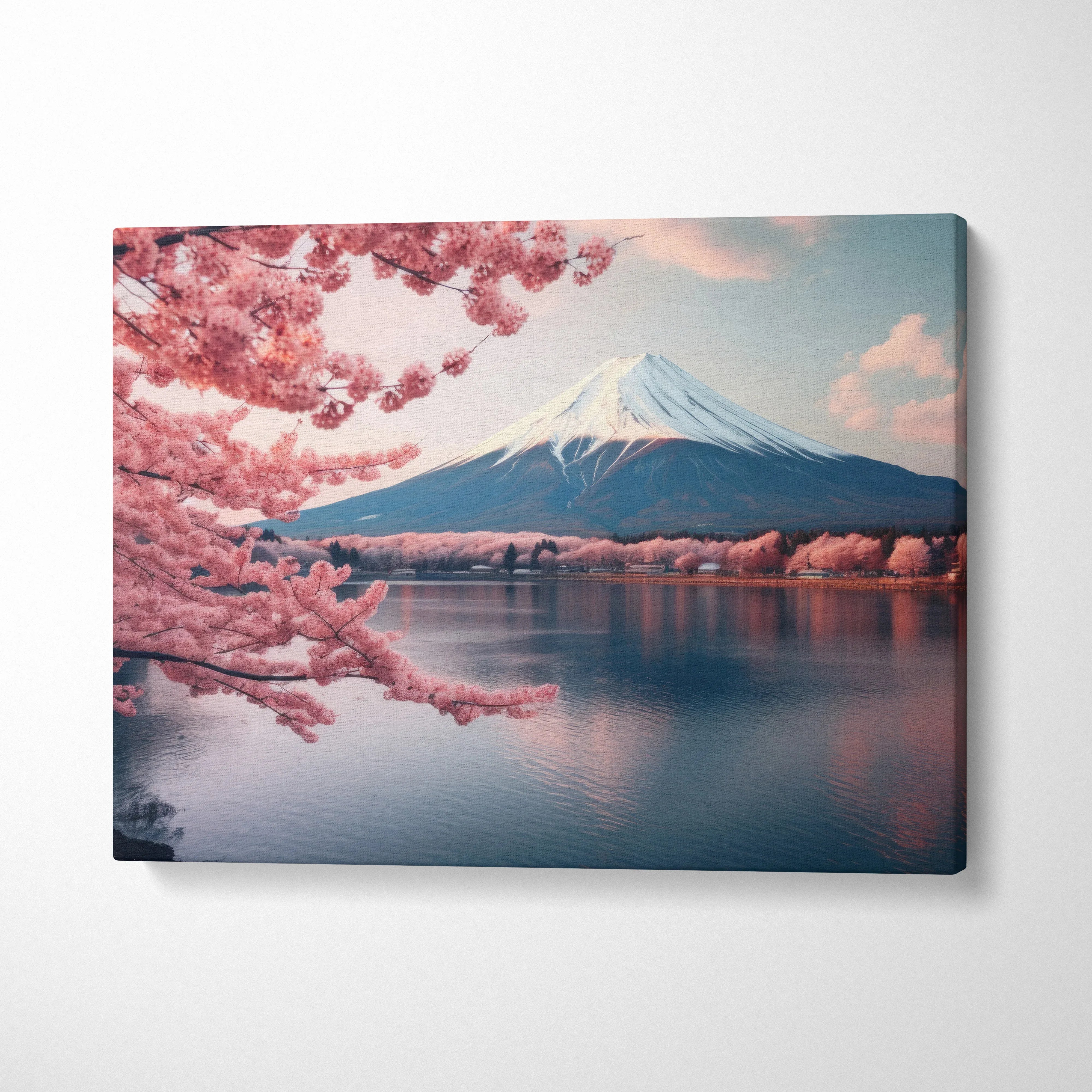 Canvas wall art featuring a serene snow-capped Mount Fuji with pink cherry blossoms framing the calm lake in soft pastel.