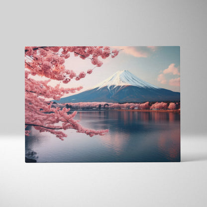 Canvas wall art featuring vibrant pink cherry blossoms framing Mount Fuji with a serene blue lake and soft pastel sky.