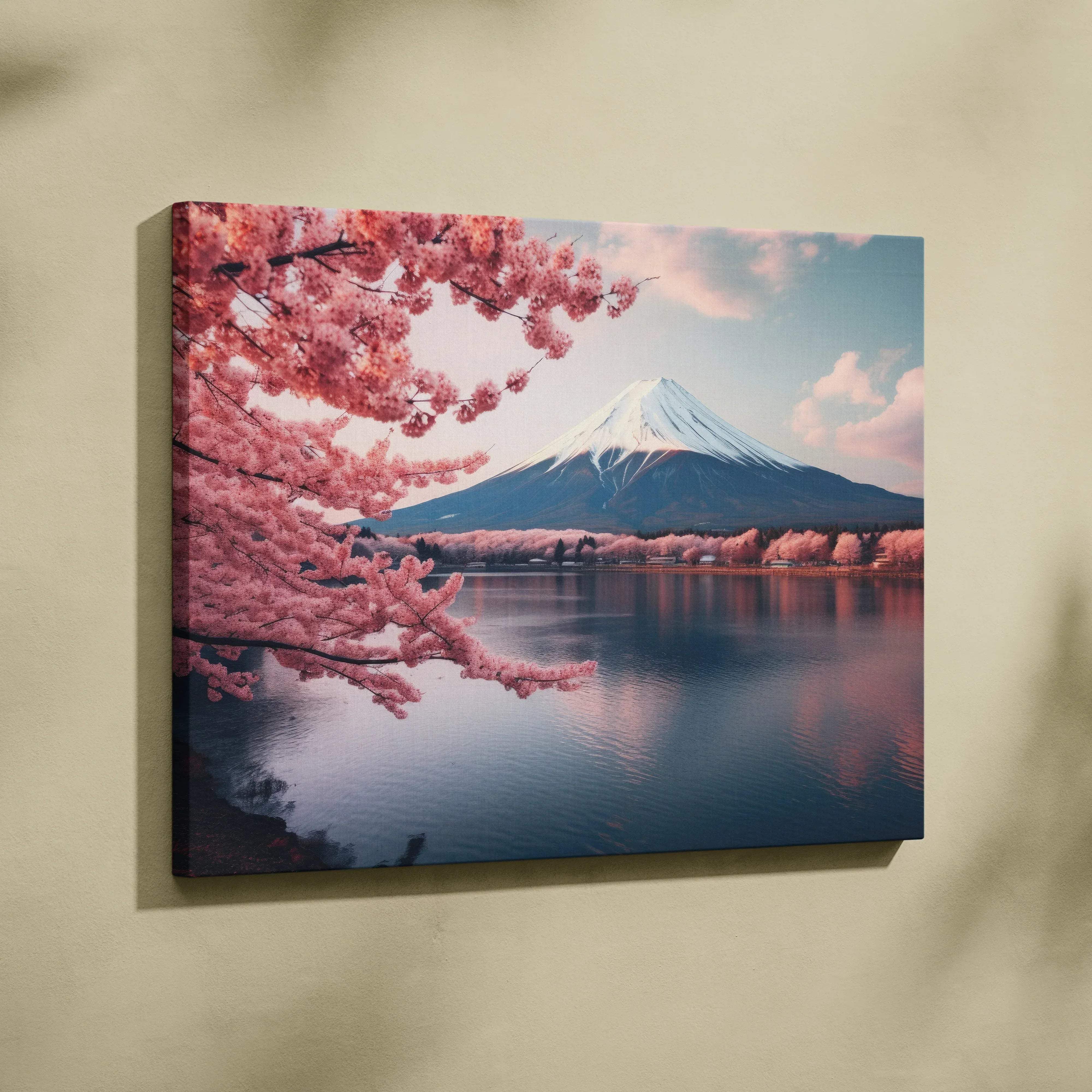 A rectangular canvas wall art featuring mount fuji and pink cherry blossoms reflected on calm water in pastel pink tones