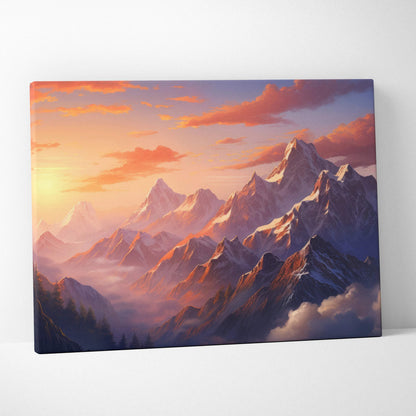 Vibrant impressionist canvas print of mountain peaks at sunset in warm tones