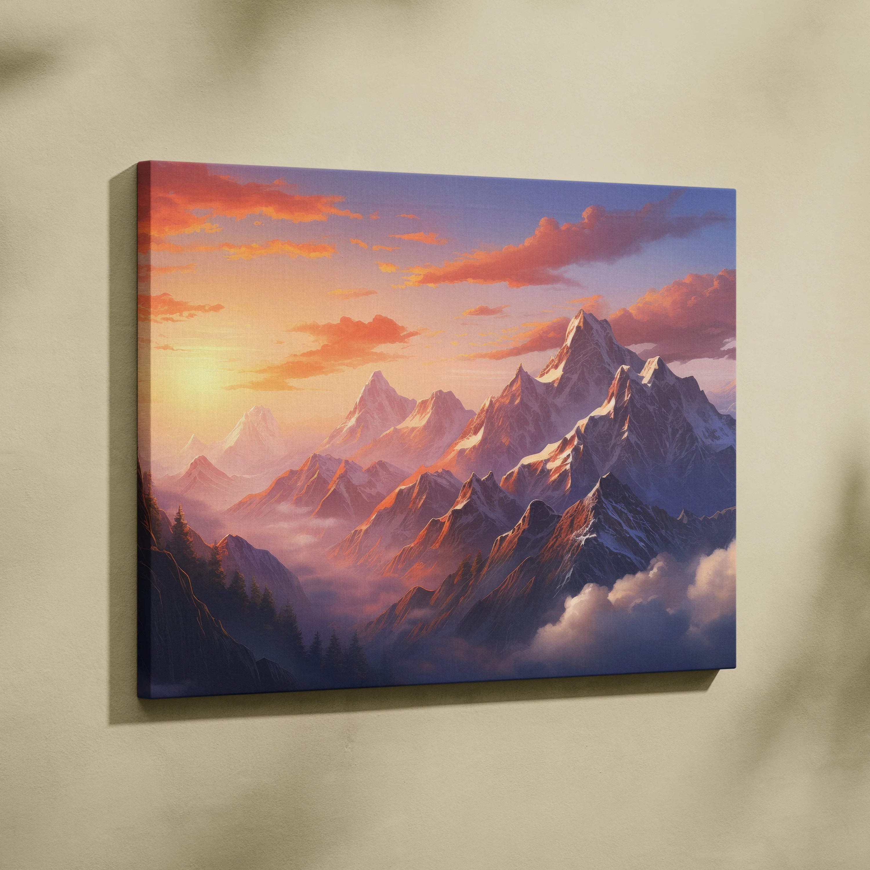 Impressionist canvas print of sunrise over snow-capped mountain peaks