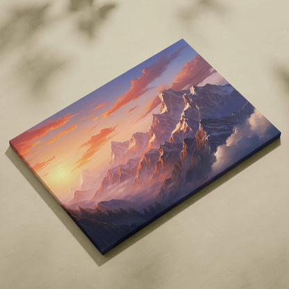 Canvas print of impressionist mountain landscape at sunset in warm tones