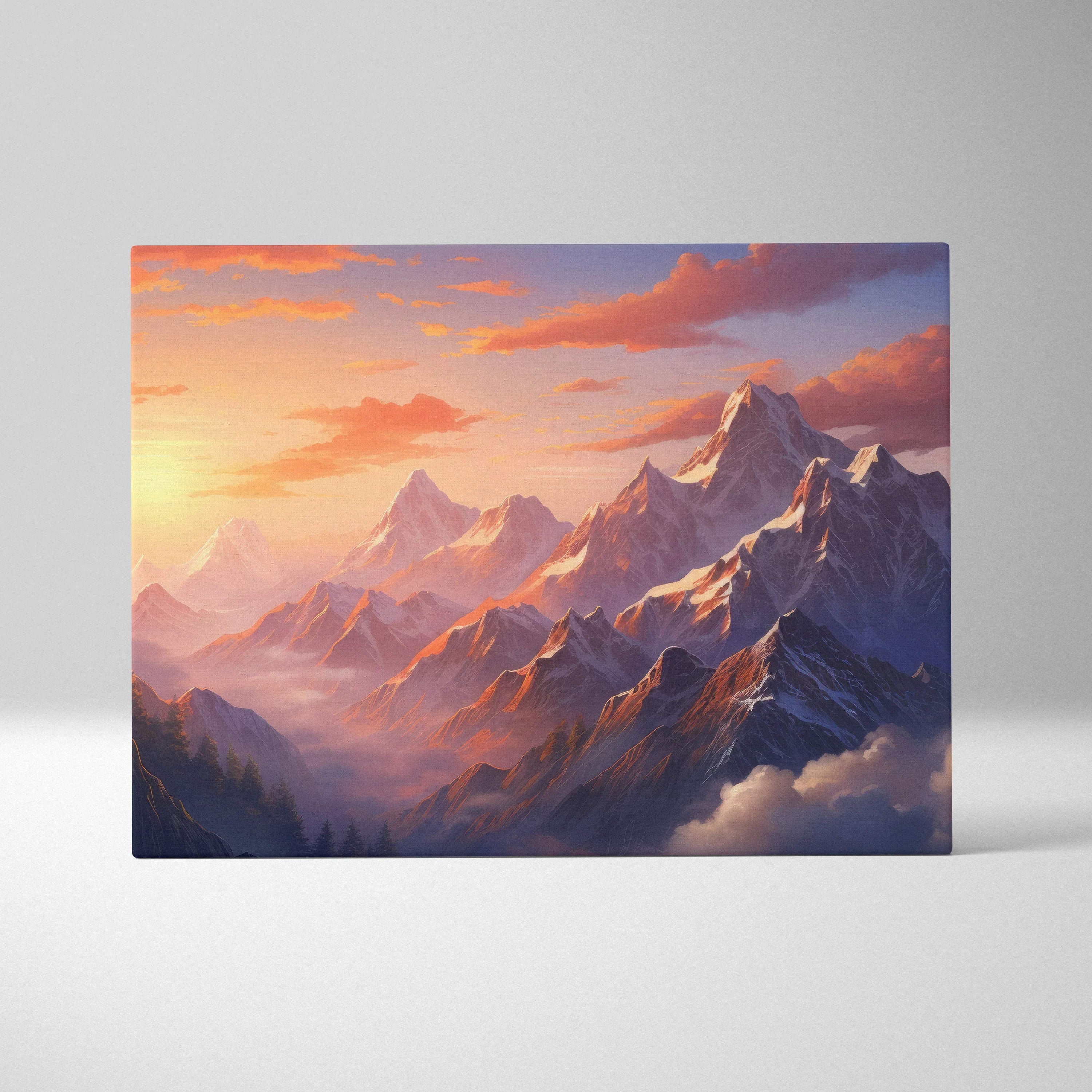 Impressionist canvas print of sunrise over snow-capped mountain peaks in sunset tones