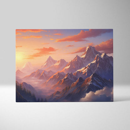 Impressionist canvas print of sunrise over snow-capped mountain peaks in sunset tones