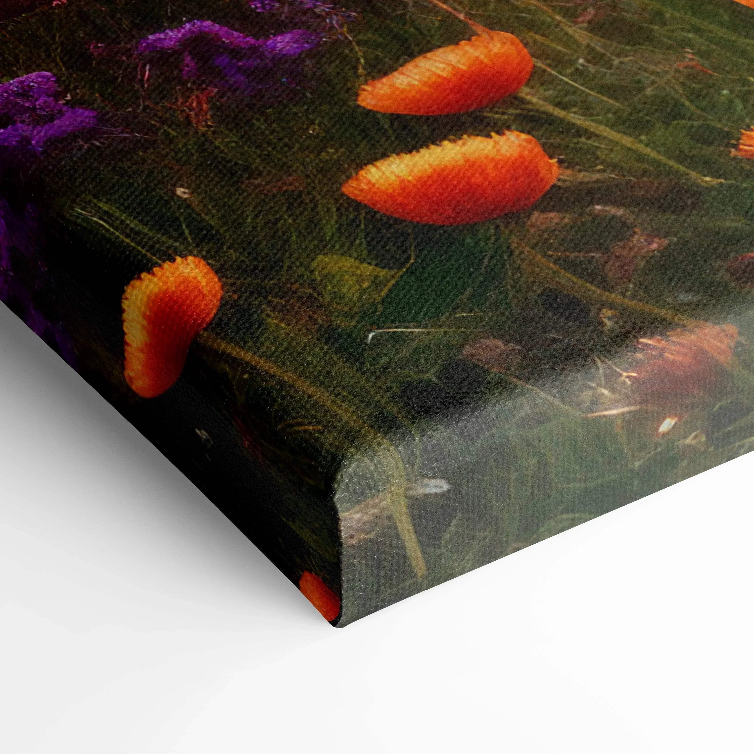 Canvas print of floral sunset over mountain meadow in orange purple hues