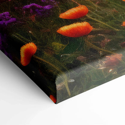 Canvas print of floral sunset over mountain meadow in orange purple hues