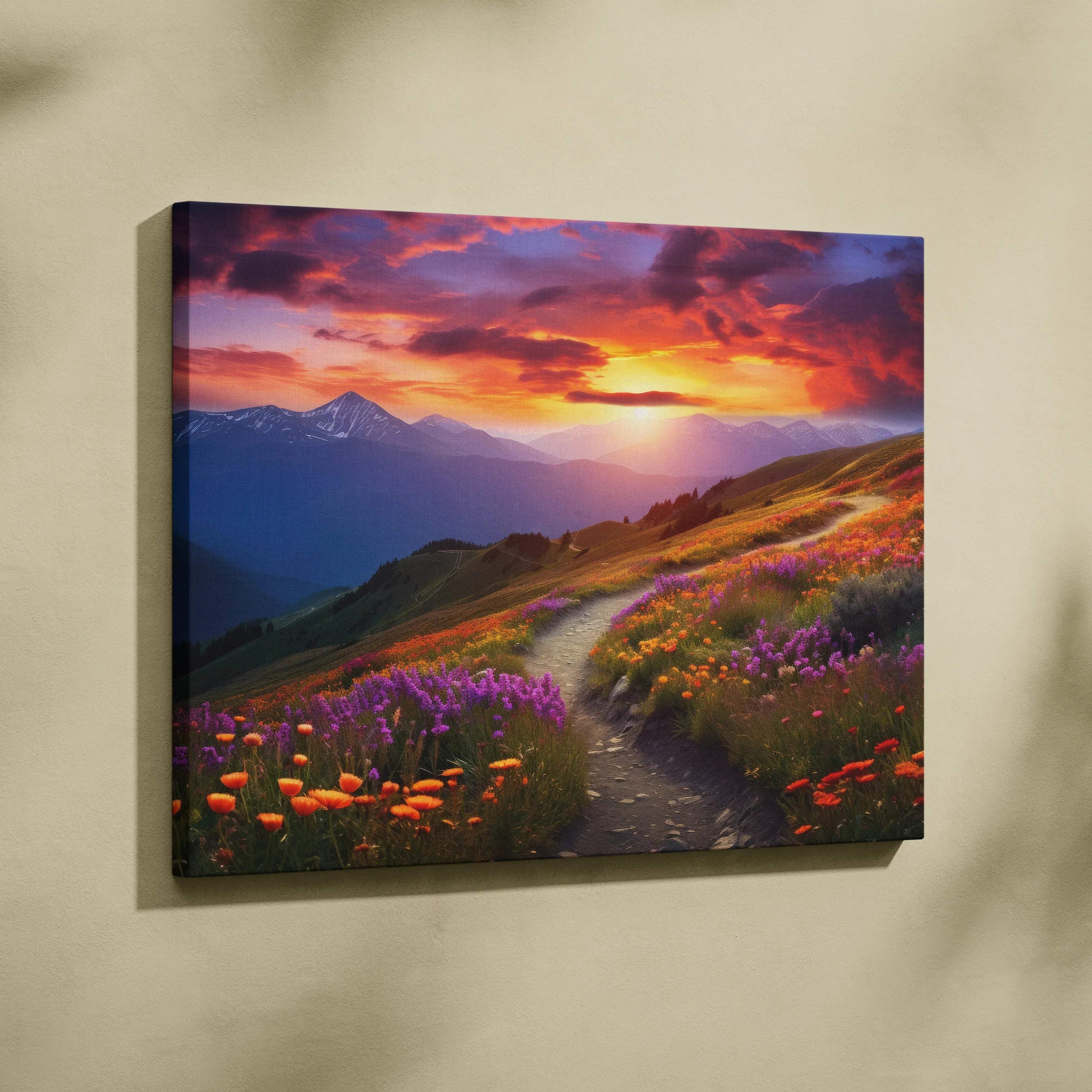 Canvas wall art of serene mountain meadow trail at vibrant floral sunset