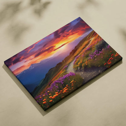 Canvas wall art of serene mountain meadow with purple orange wildflowers at vibrant sunset