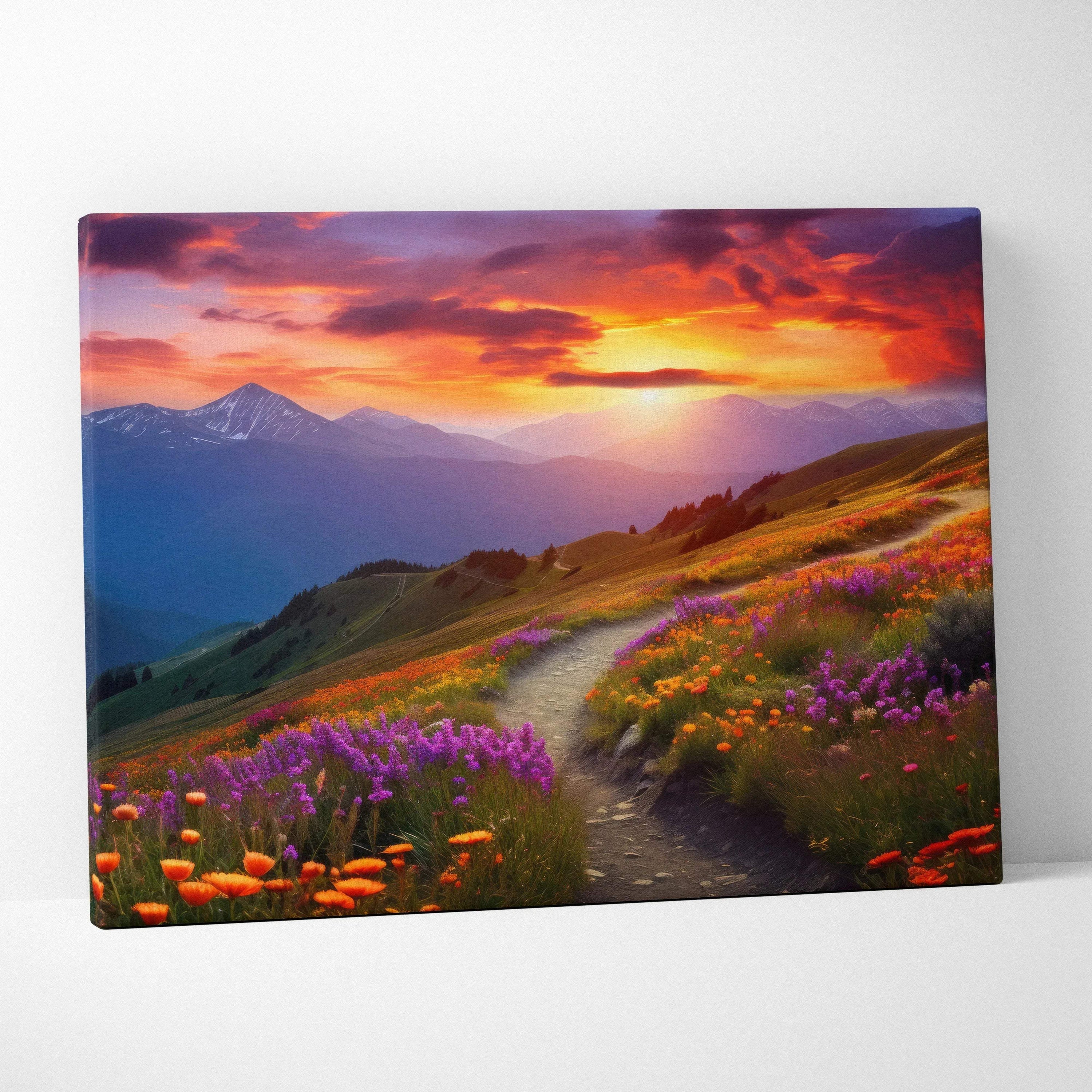 Vibrant mountain meadow canvas print with wildflowers and sunset path