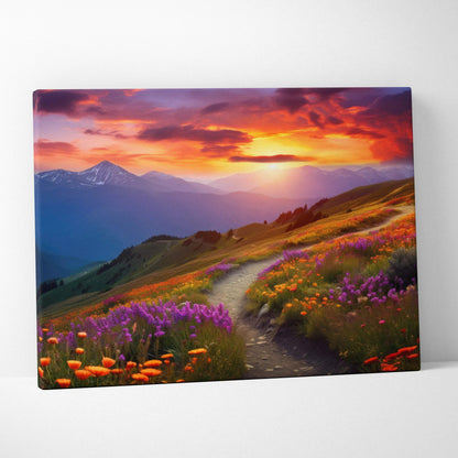 Vibrant mountain meadow canvas print with wildflowers and sunset path