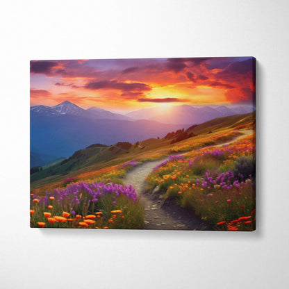 Vibrant mountain sunset canvas print with wildflowers path