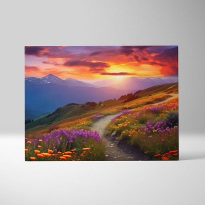 Canvas print of serene floral sunset over mountain meadow with wildflowers