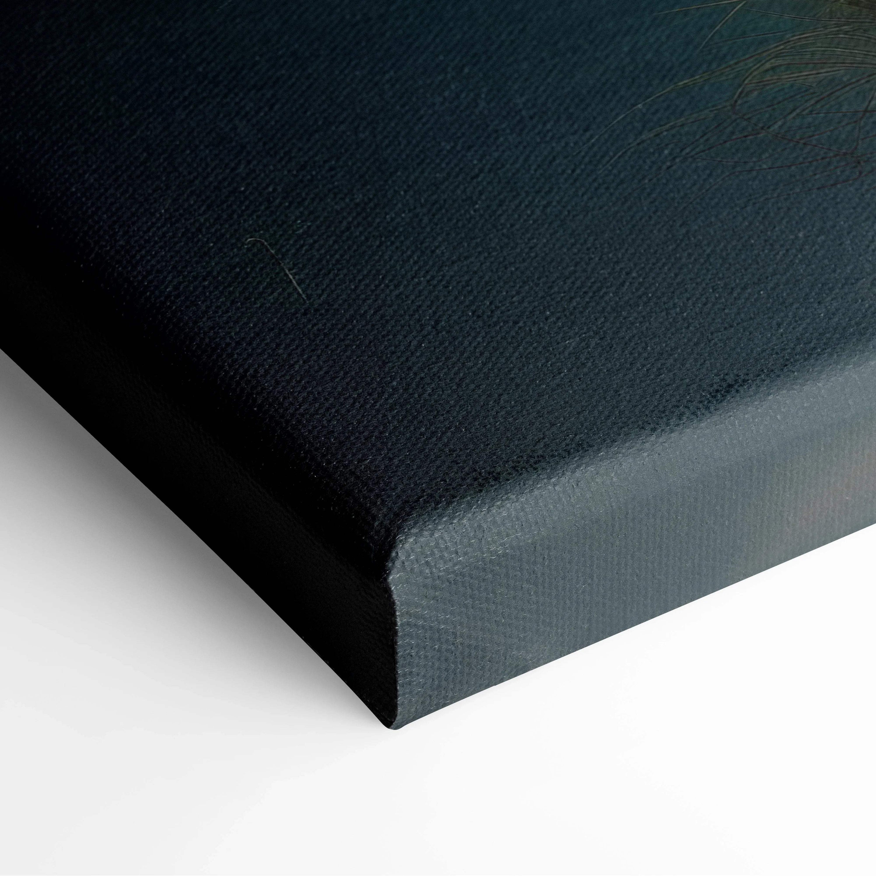 Black textured canvas print of dreamy sunset mountains and lake