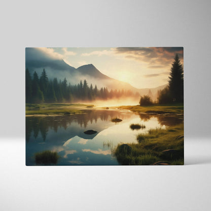 Canvas print of serene mountains, lake, and golden hour sunset sky